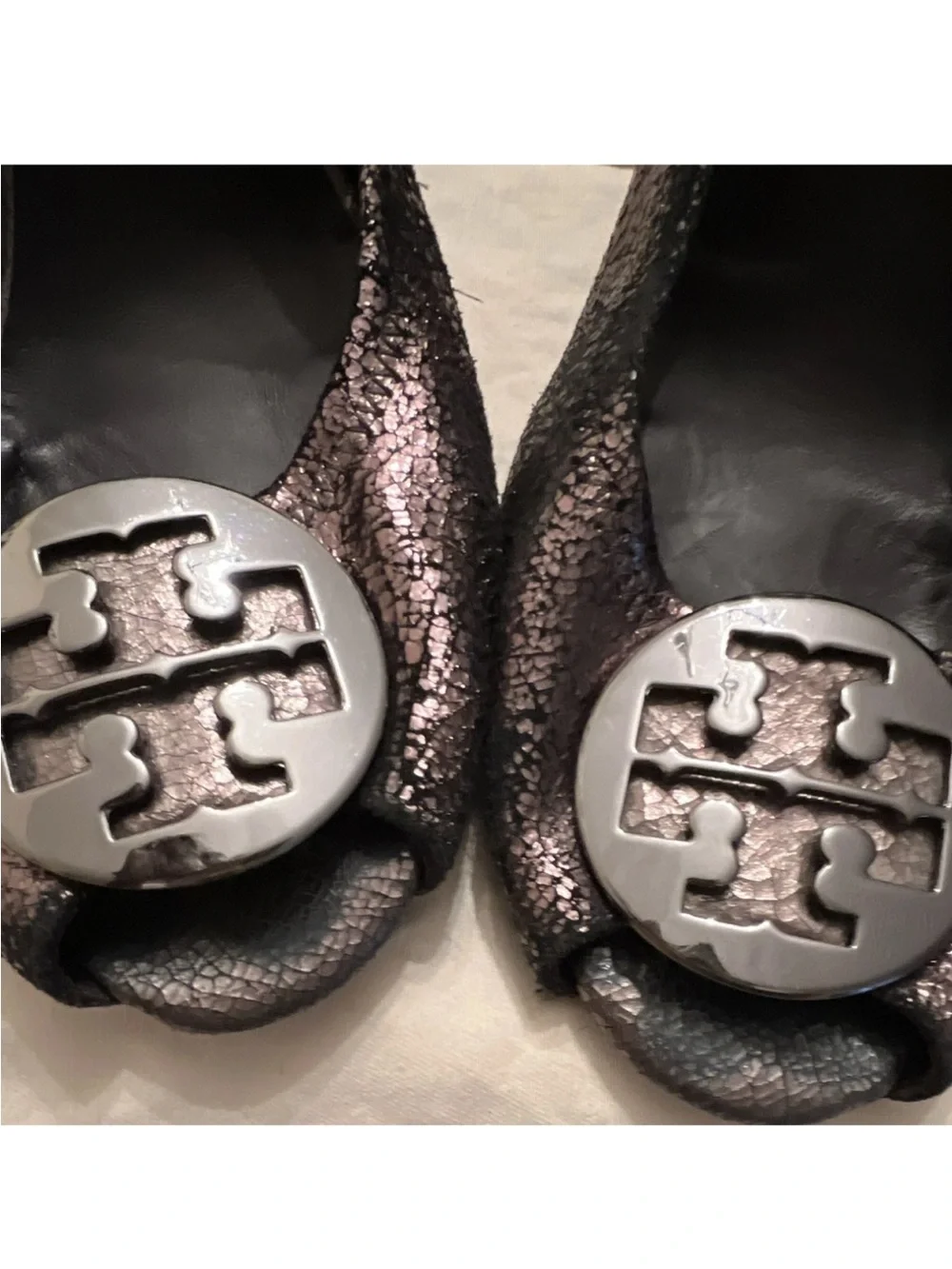 Tory Burch Metallic Pewter Peep-Toe Heels with Logo Medallion